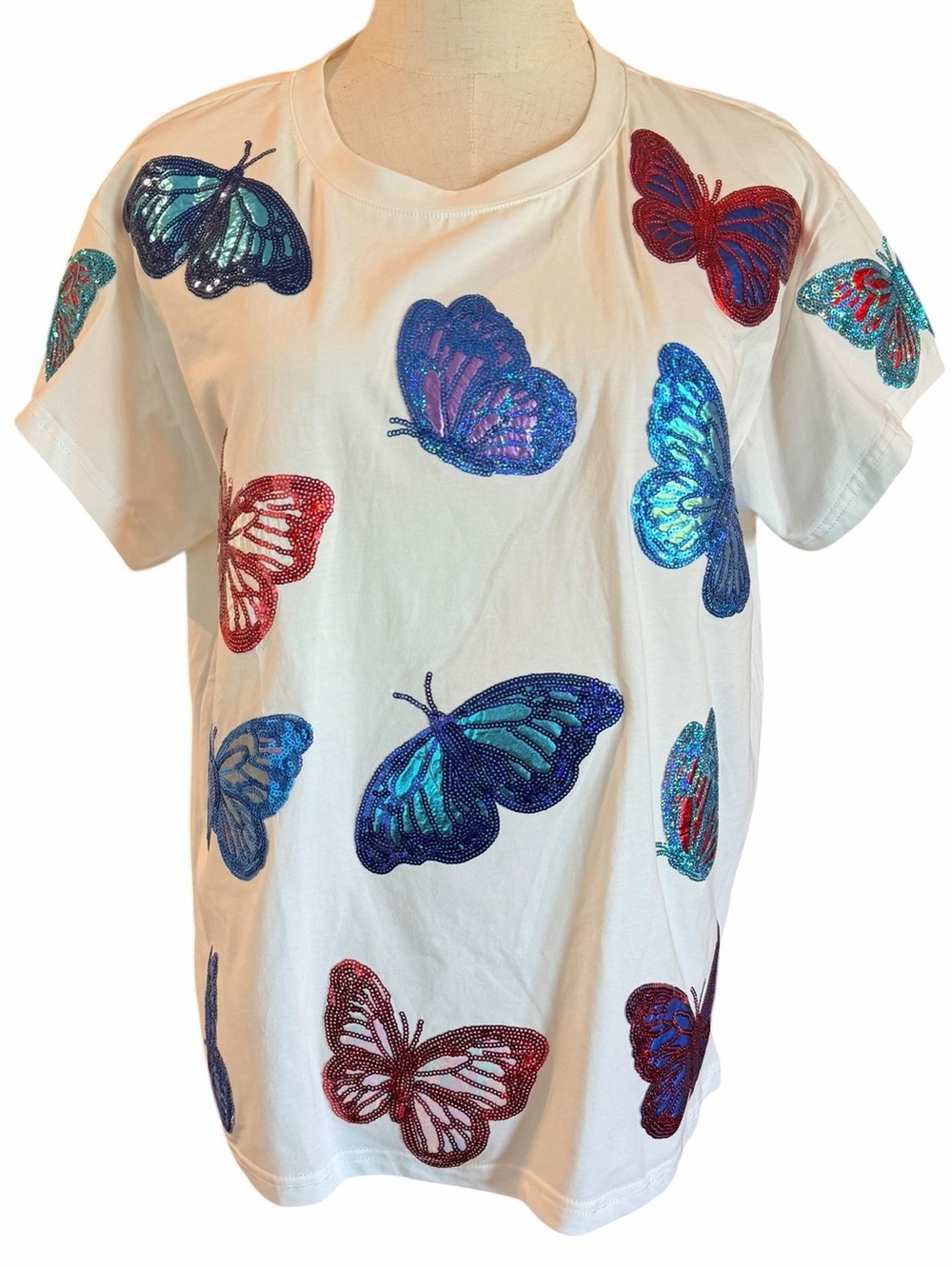 Queen of Sparkles Butterfly Sequin Tee White Multicolor Graphic Top Sz S - Picture 2 of 12